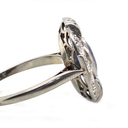 Art Deco French 1.87ct Sapphire and Diamond Cluster Plaque Ring in Platinum