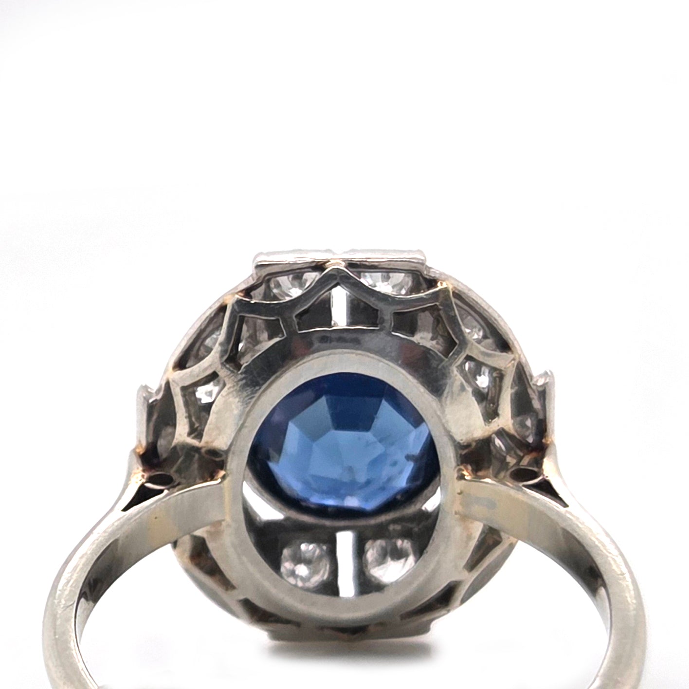 Art Deco French 1.87ct Sapphire and Diamond Cluster Plaque Ring in Platinum