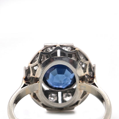 Art Deco French 1.87ct Sapphire and Diamond Cluster Plaque Ring in Platinum
