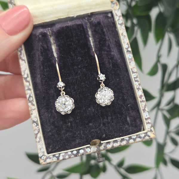 Edwardian Antique 2.60ct Old Cut Drop Diamond Earrings