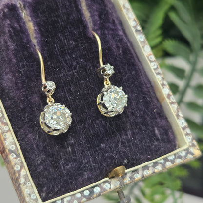 Edwardian Antique 2.60ct Old Cut Drop Diamond Earrings