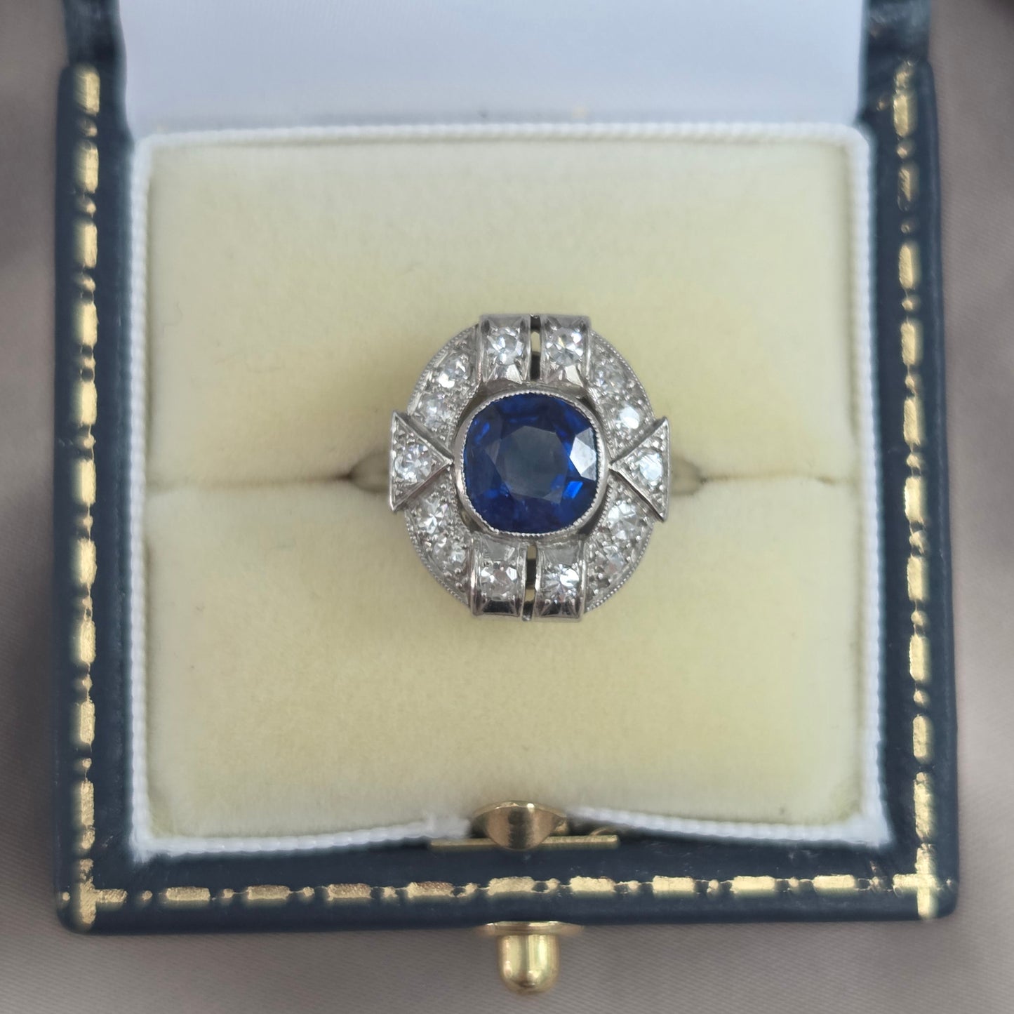 Art Deco French 1.87ct Sapphire and Diamond Cluster Plaque Ring in Platinum