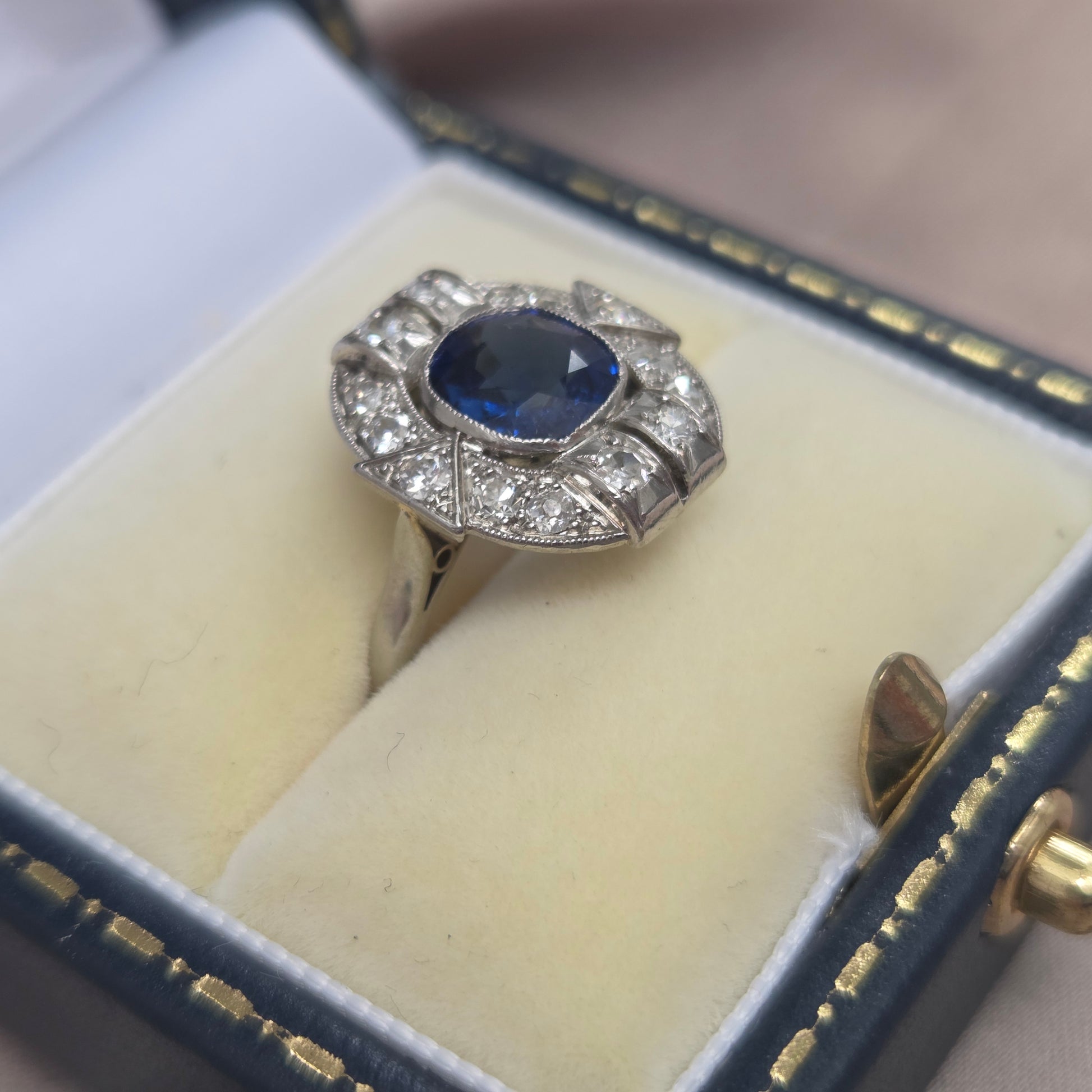 Art Deco French 1.87ct Sapphire and Diamond Cluster Plaque Ring in Platinum
