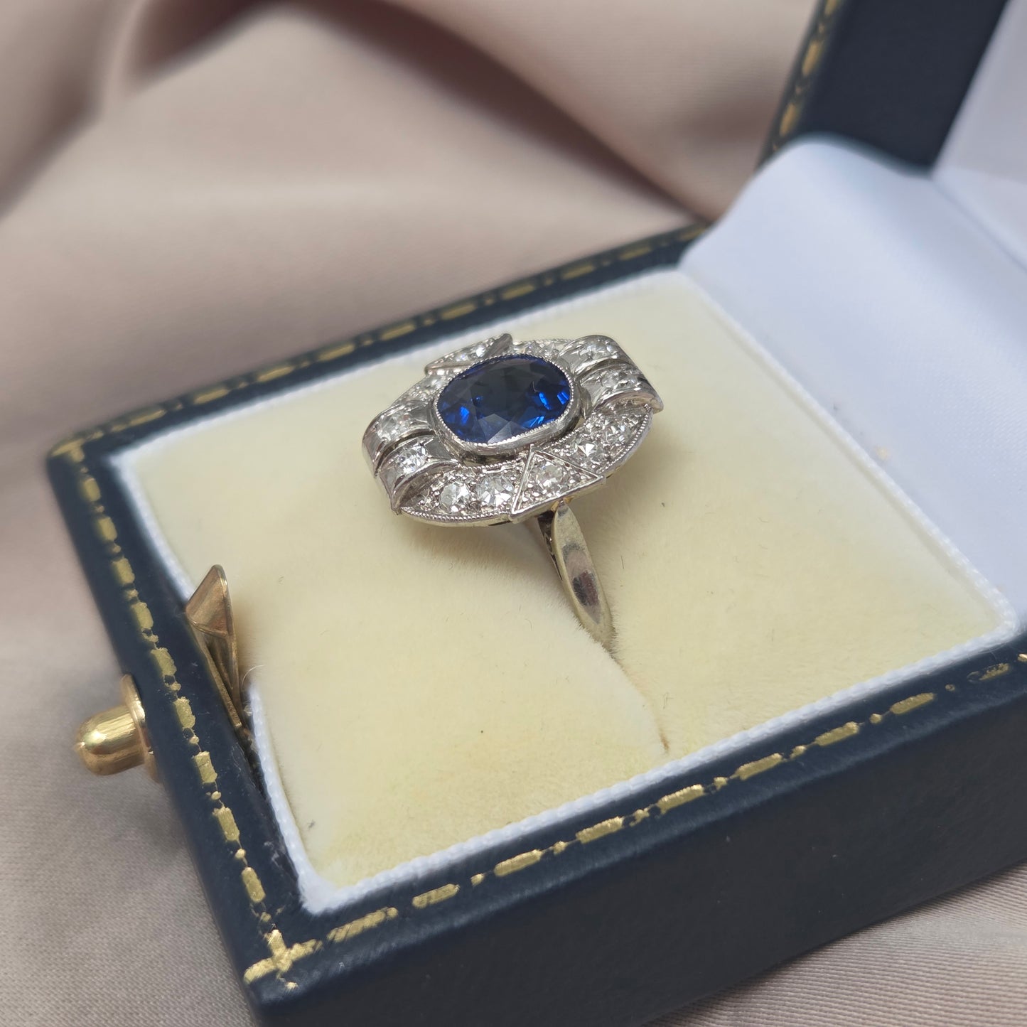 Art Deco French 1.87ct Sapphire and Diamond Cluster Plaque Ring in Platinum