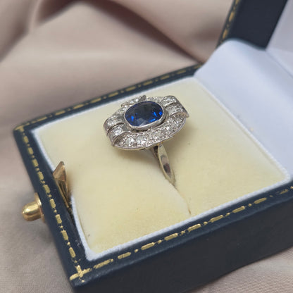 Art Deco French 1.87ct Sapphire and Diamond Cluster Plaque Ring in Platinum