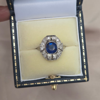 Art Deco French 1.87ct Sapphire and Diamond Cluster Plaque Ring in Platinum