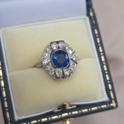 Antique Vintage Art Deco French 1.87ct Sapphire and Diamond Cluster Plaque Ring in Platinum