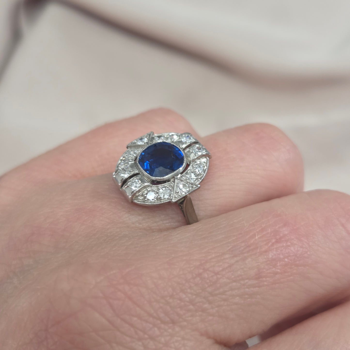 Art Deco French 1.87ct Sapphire and Diamond Cluster Plaque Ring in Platinum