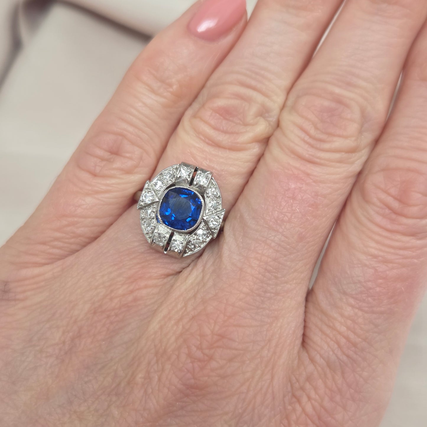 Art Deco French 1.87ct Sapphire and Diamond Cluster Plaque Ring in Platinum