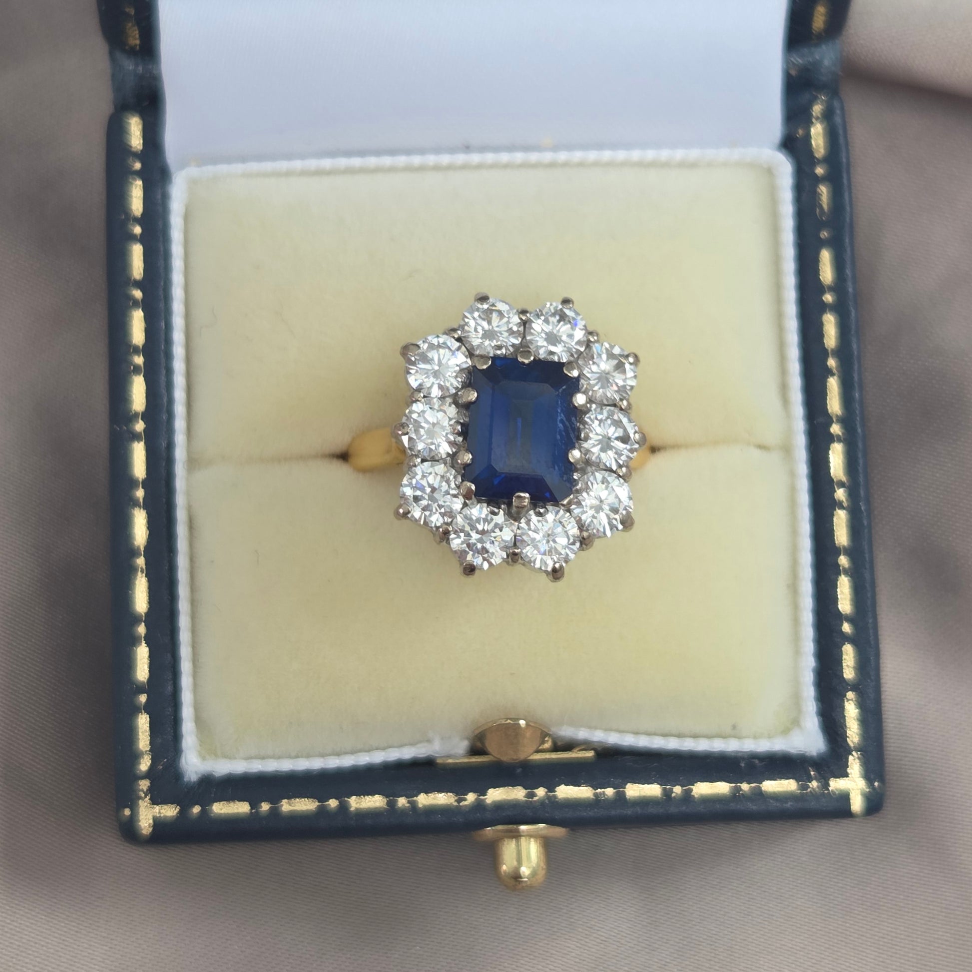 Vintage 2.11ct Natural No Heat Sapphire and 2ct Diamond Cluster Engagement Ring