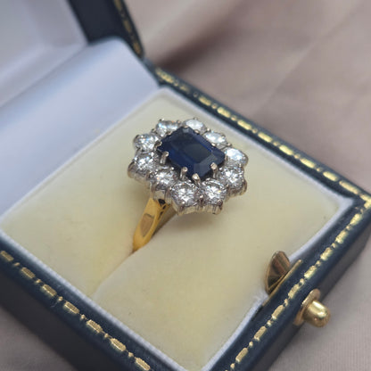 Vintage 2.11ct Natural No Heat Sapphire and 2ct Diamond Cluster Engagement Ring