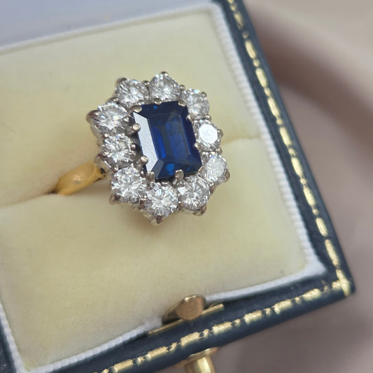 Vintage 2.11ct Natural No Heat Sapphire and 2ct Diamond Cluster Engagement Ring