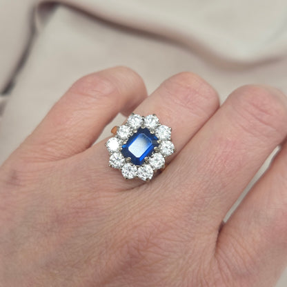 Vintage 2.11ct Natural No Heat Sapphire and 2ct Diamond Cluster Engagement Ring