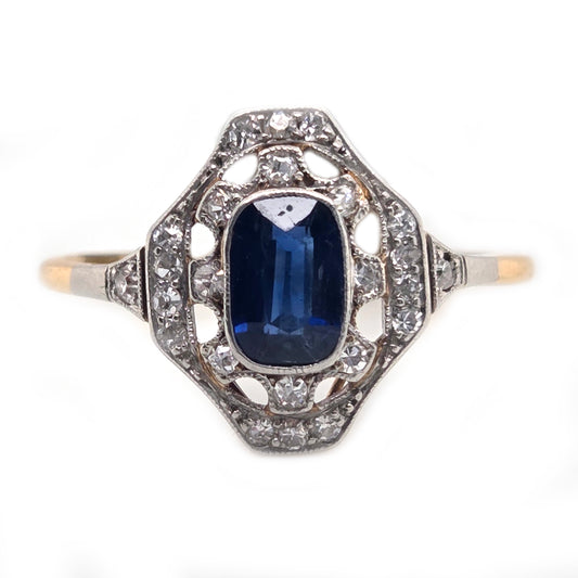 Antique Vintage Edwardian Art Deco Sapphire and Diamond Cluster Engagement Ring