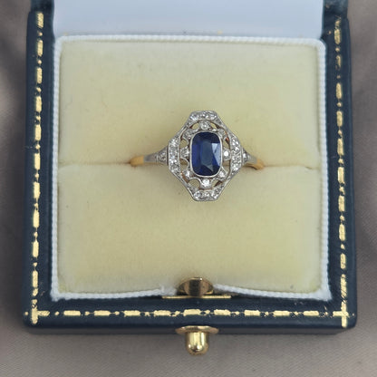 Antique Vintage Edwardian Art Deco Sapphire and Diamond Cluster Engagement Ring