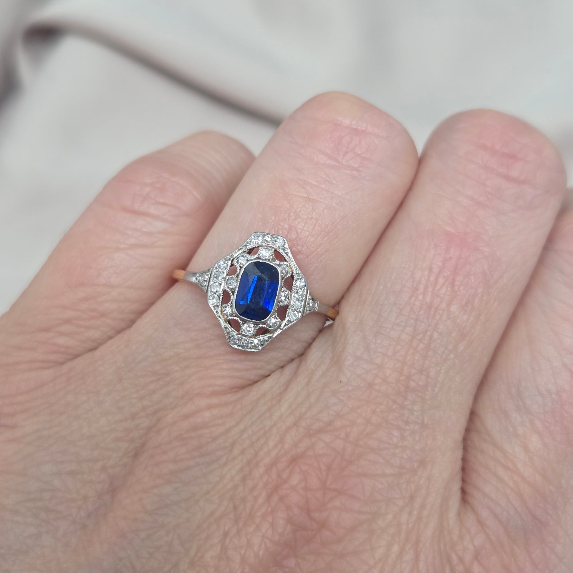 Antique Vintage Edwardian Art Deco Sapphire and Diamond Cluster Engagement Ring