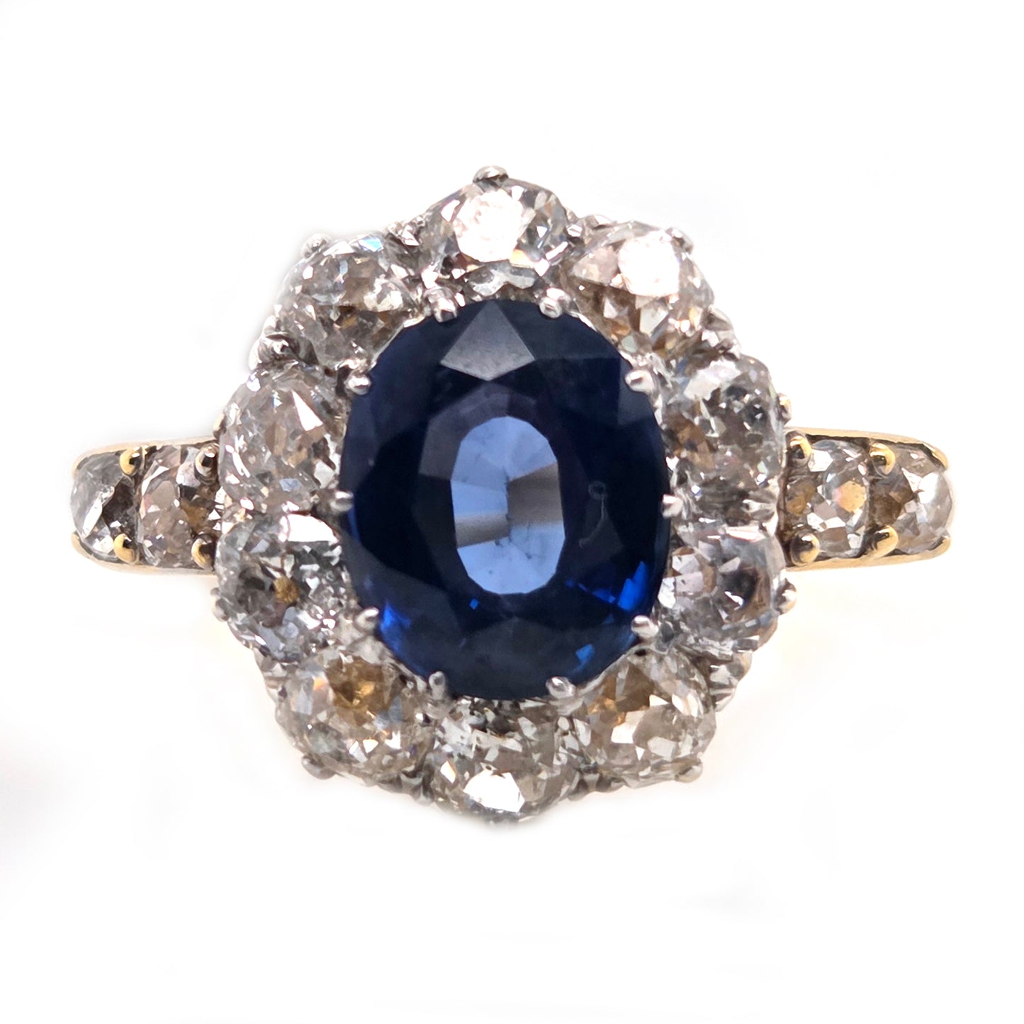 Victorian Antique 2.55ct Sapphire and Old Cut Diamond Cluster Ring