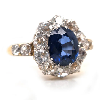 Victorian Antique 2.55ct Sapphire and Old Cut Diamond Cluster Ring