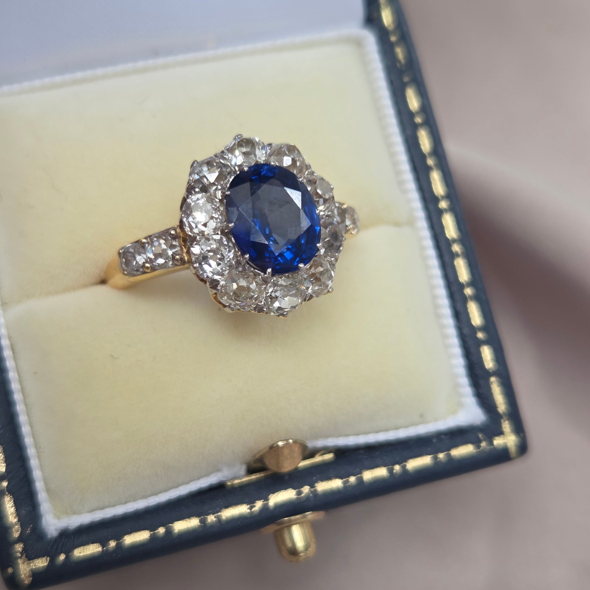 Victorian Antique 2.55ct Sapphire and Old Cut Diamond Cluster Ring