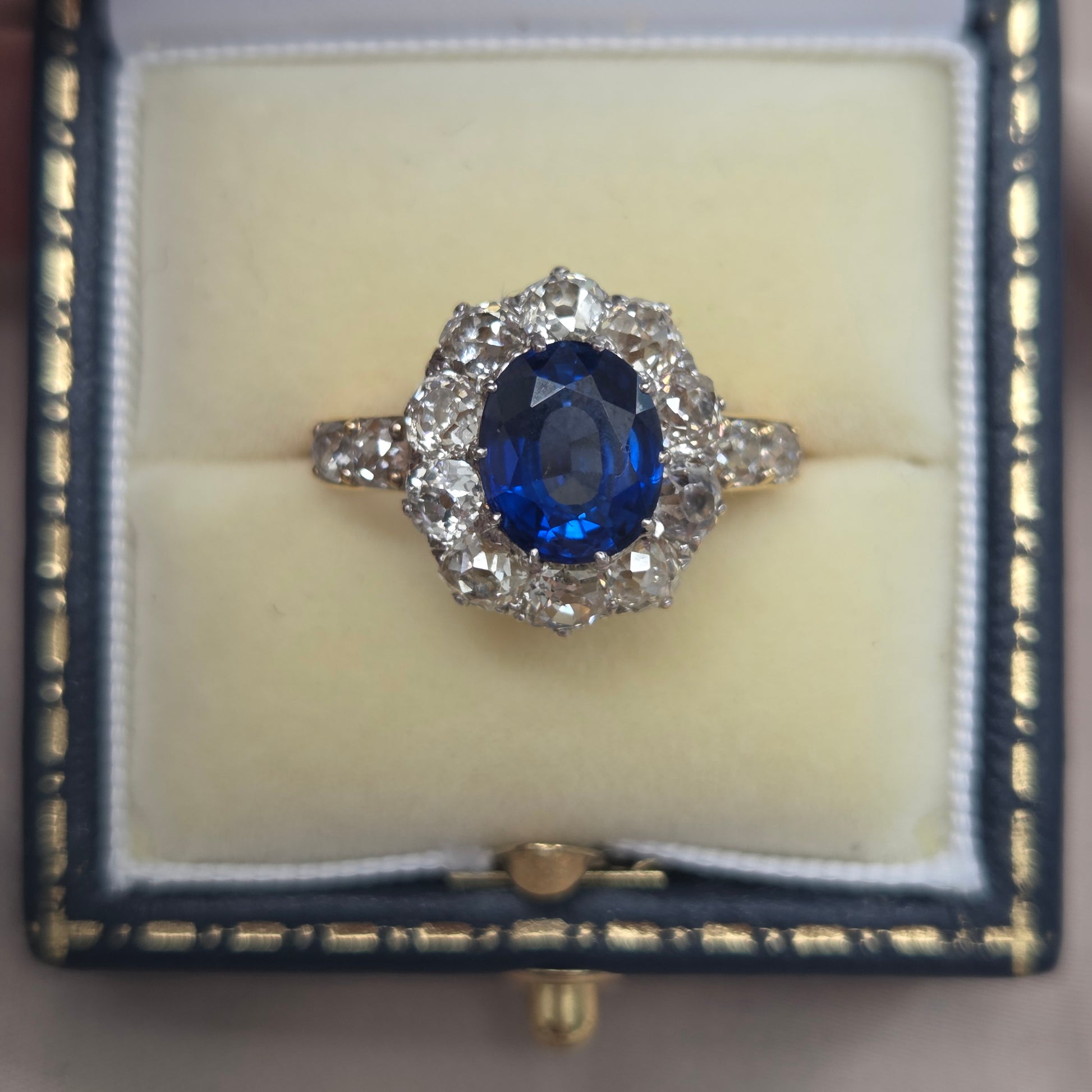 Victorian Antique 2.55ct Sapphire and Old Cut Diamond Cluster Ring