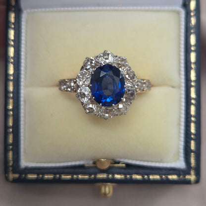 Victorian Antique 2.55ct Sapphire and Old Cut Diamond Cluster Ring