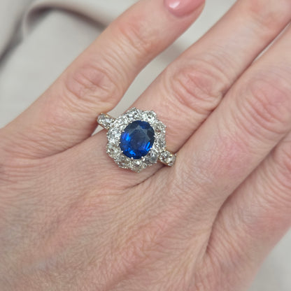 Victorian Antique 2.55ct Sapphire and Old Cut Diamond Cluster Ring