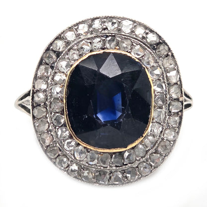 Edwardian Antique Sapphire and Diamond Double Cluster Ring