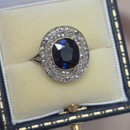Edwardian Antique Sapphire and Diamond Double Cluster Ring