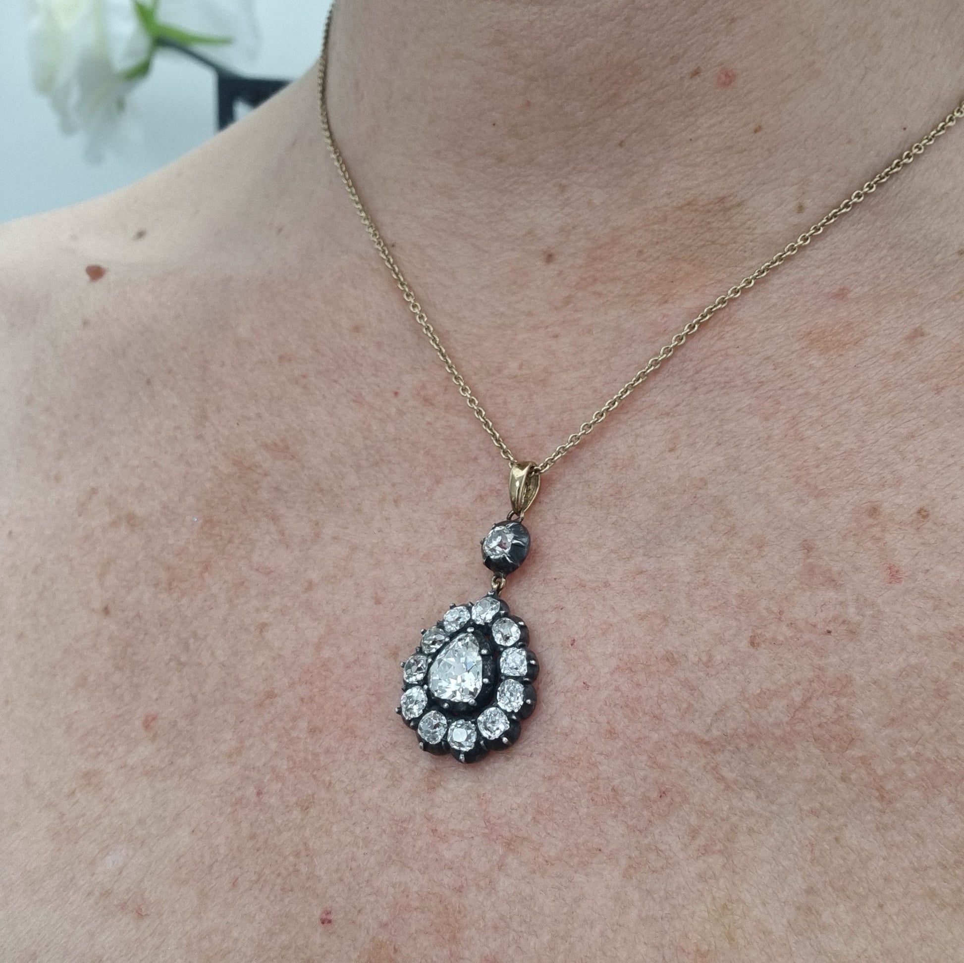Georgian Antique Diamond Cluster Pear Shape Cluster Pendant, 7.50 carats