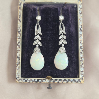 Edwardian Antique Opal and Diamond Drop Earrings