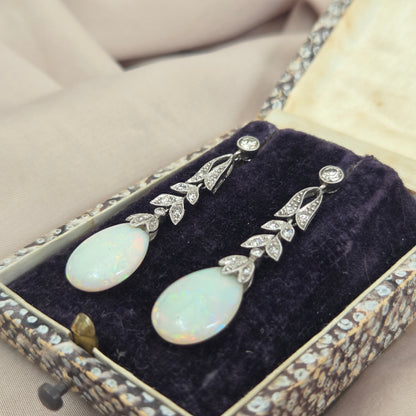 Edwardian Antique Opal and Diamond Drop Earrings