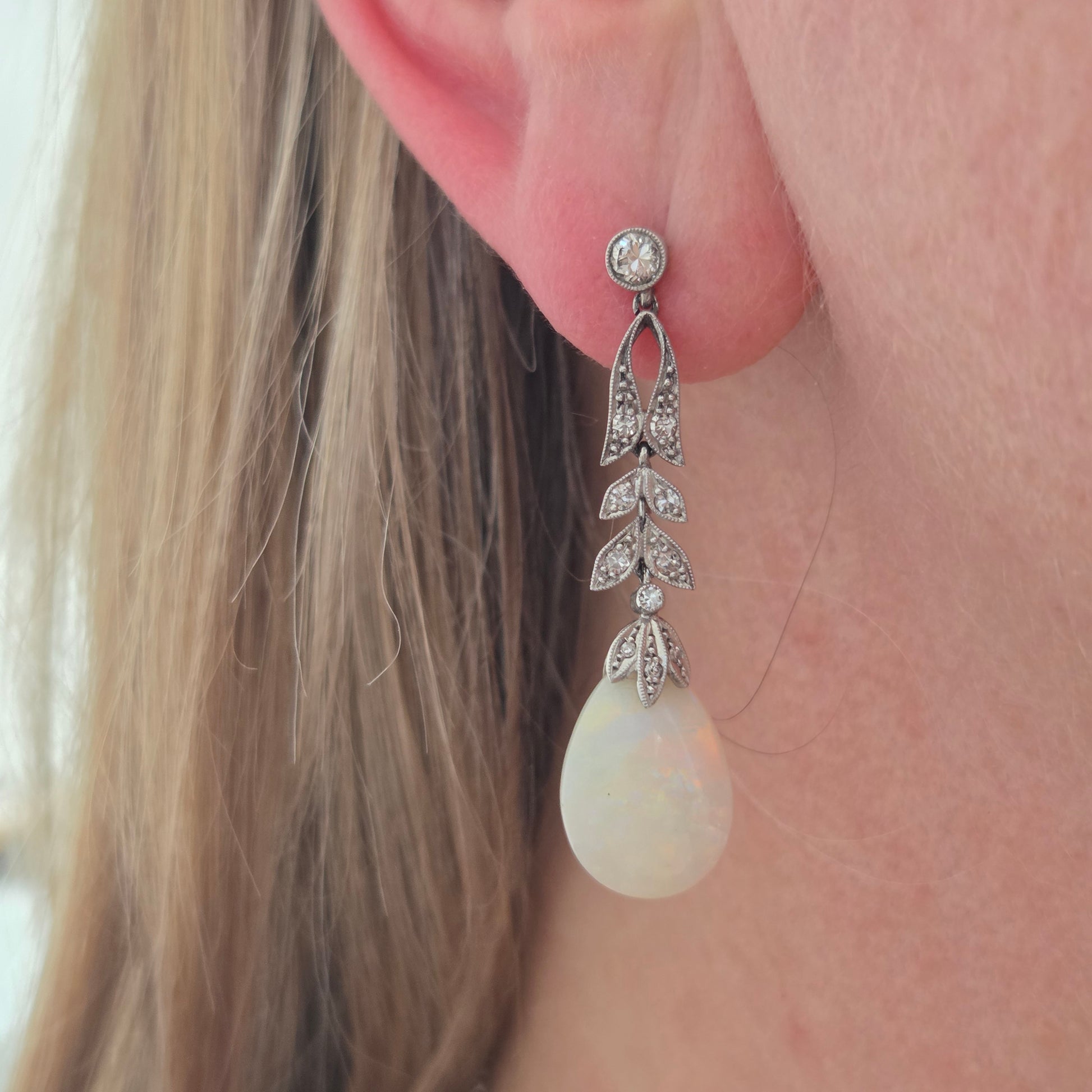 Edwardian Antique Opal and Diamond Drop Earrings