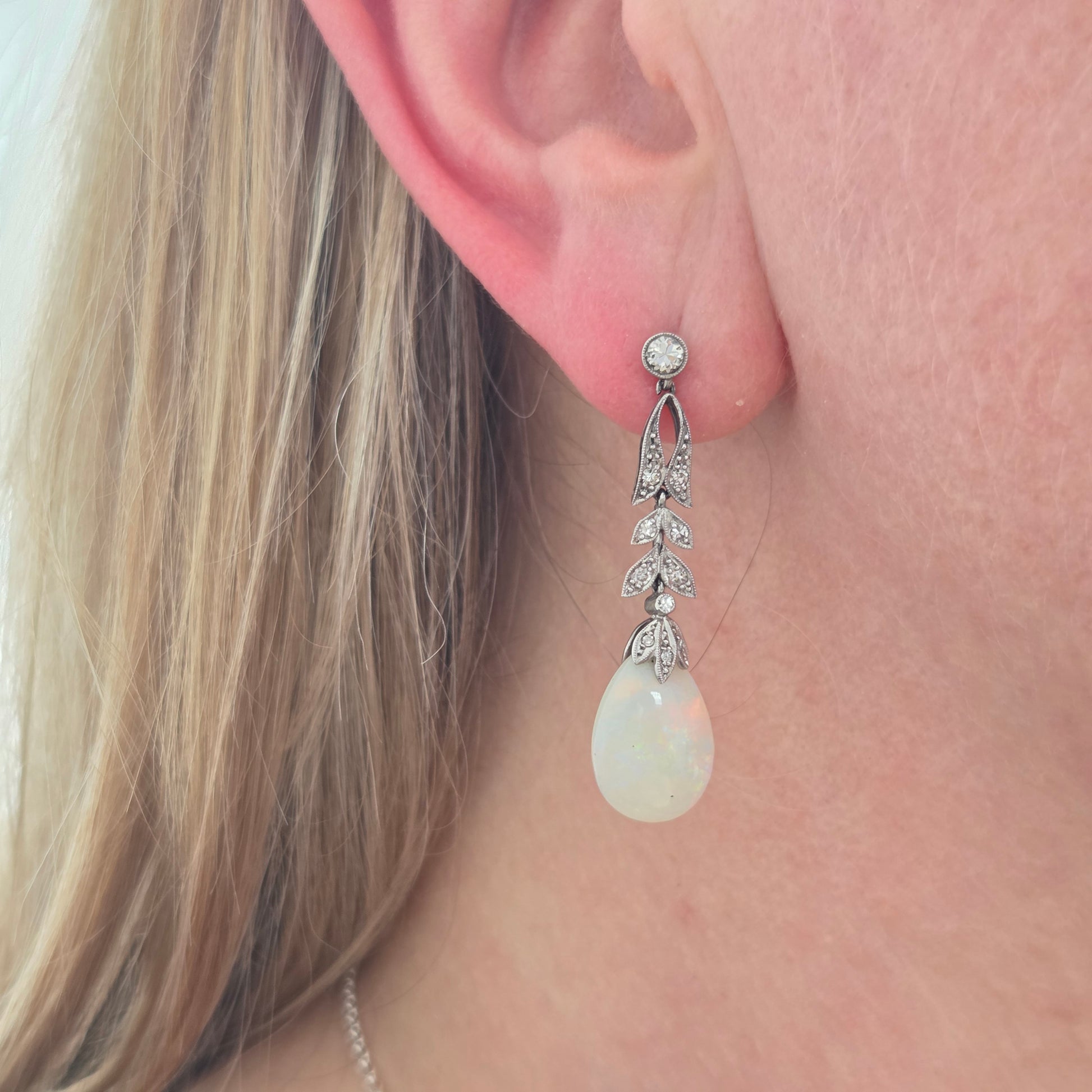 Edwardian Antique Opal and Diamond Drop Earrings