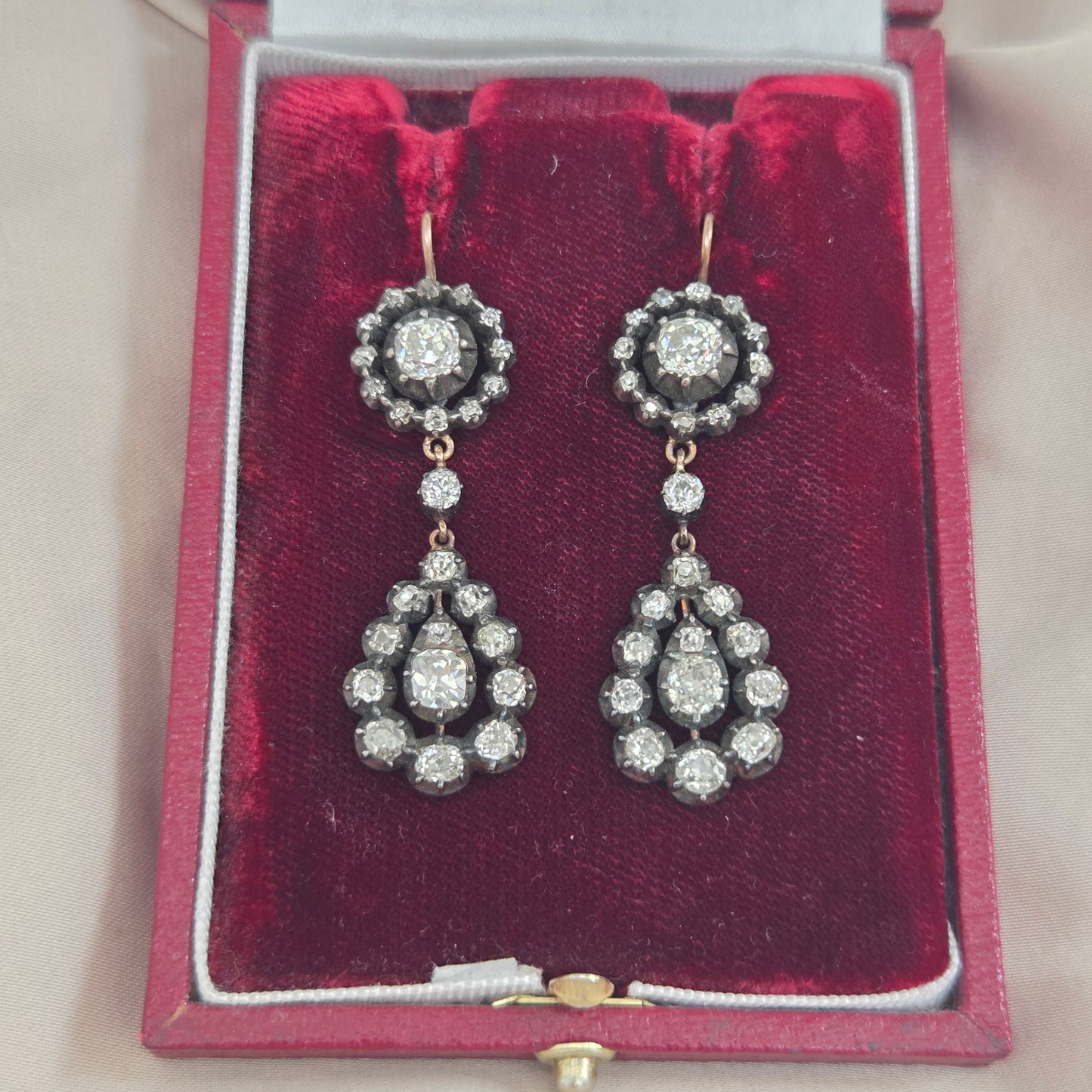 Georgian Antique 5ct Old Cut Diamond Cluster Drop Earrings