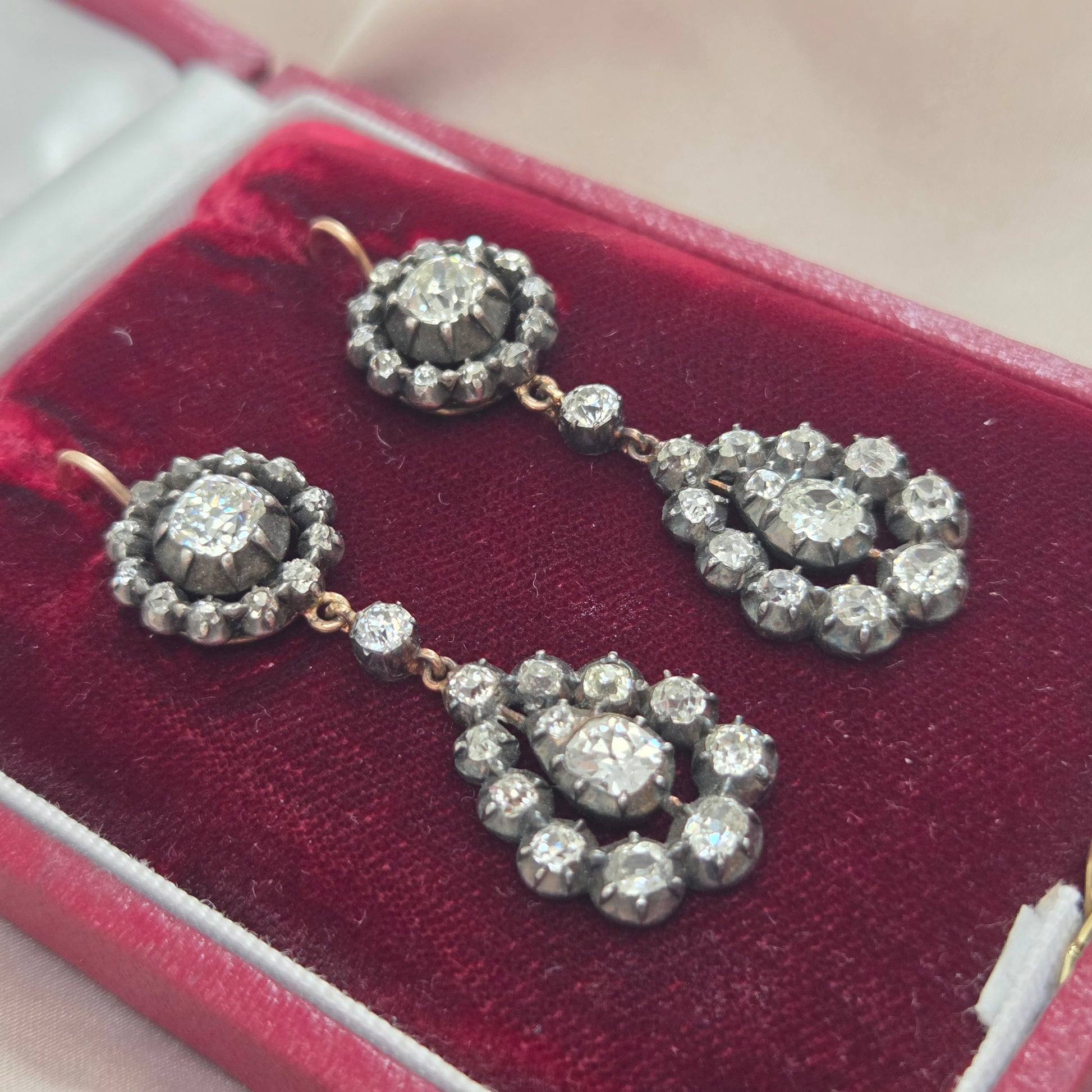 Georgian Antique 5ct Old Cut Diamond Cluster Drop Earrings