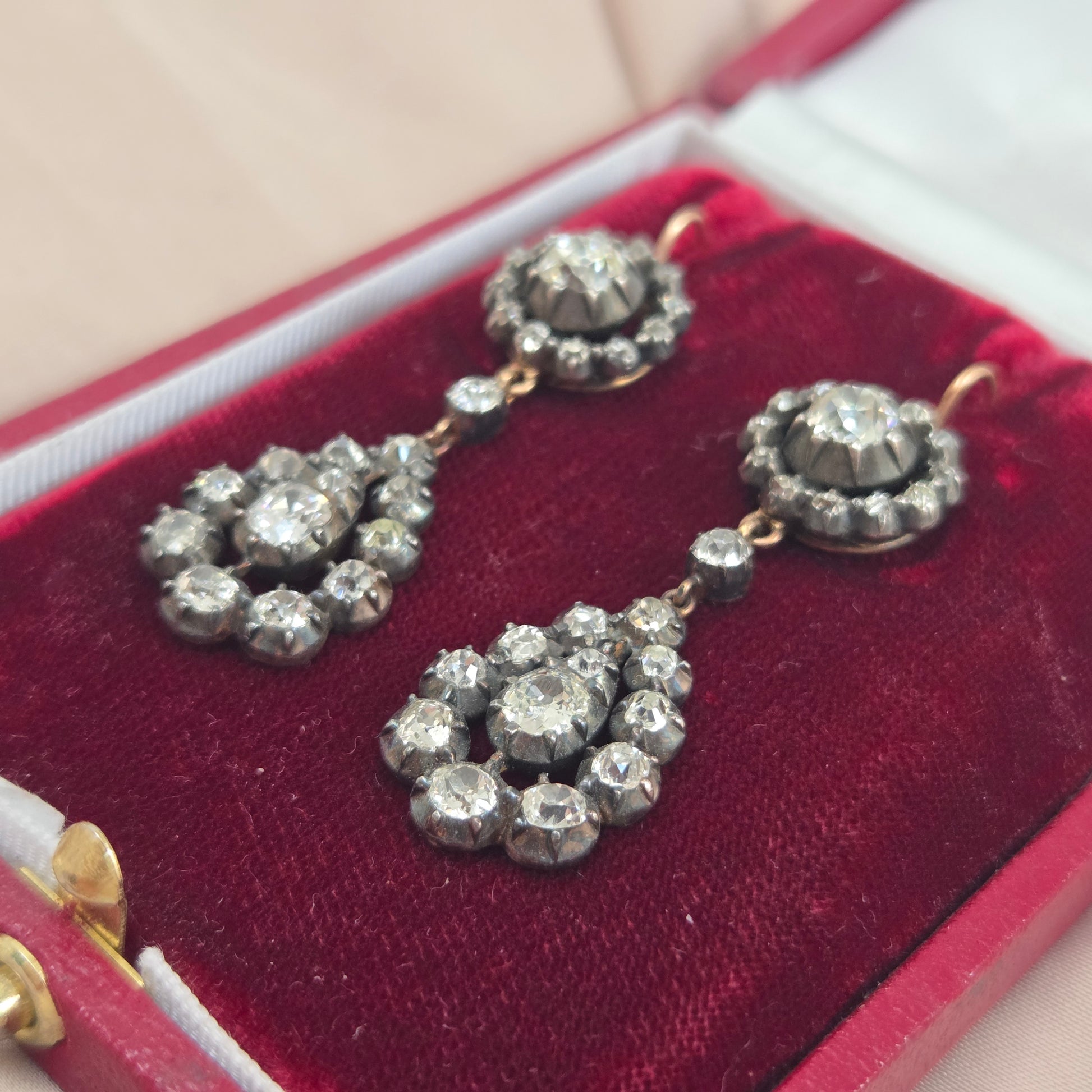 Georgian Antique 5ct Old Cut Diamond Cluster Drop Earrings