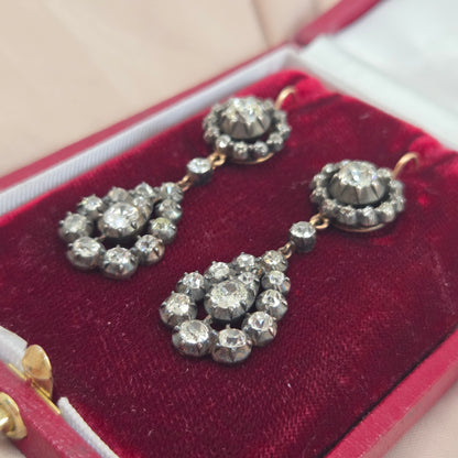 Georgian Antique 5ct Old Cut Diamond Cluster Drop Earrings