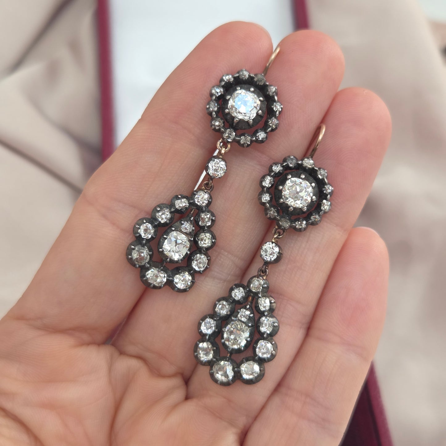 Georgian Antique 5ct Old Cut Diamond Cluster Drop Earrings