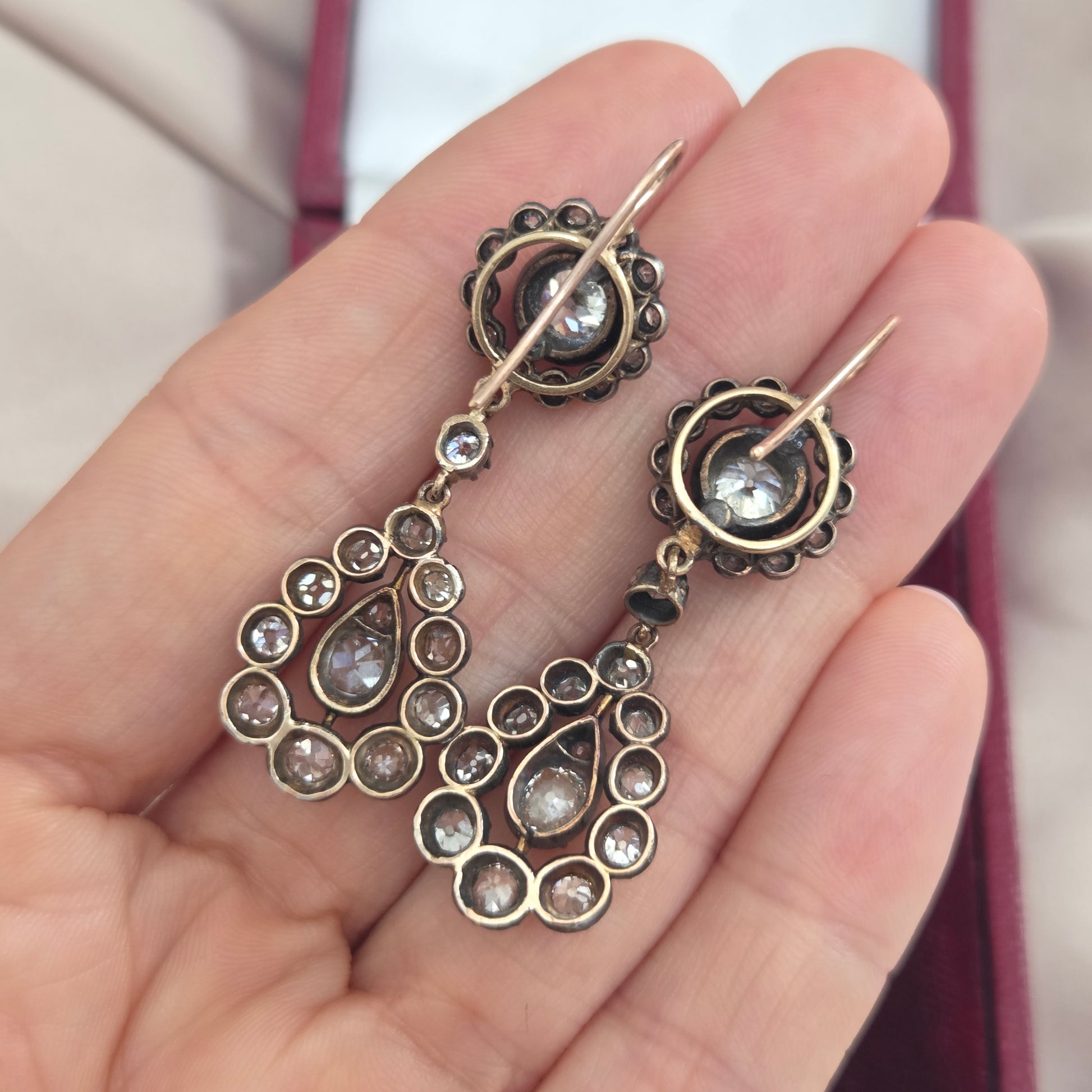Georgian Antique 5ct Old Cut Diamond Cluster Drop Earrings