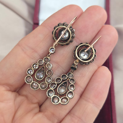 Georgian Antique 5ct Old Cut Diamond Cluster Drop Earrings