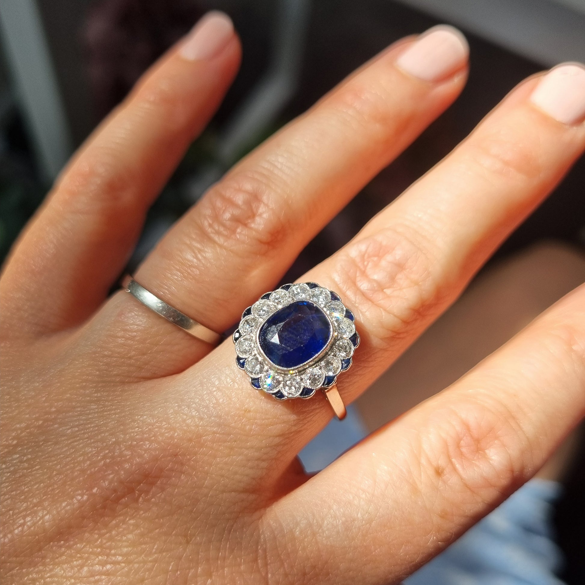 Vintage 2ct Sapphire and Diamond Cluster Ring, Circa 1940s