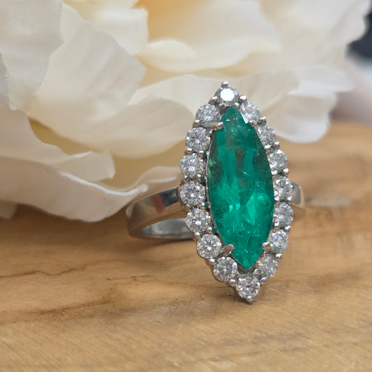 Vintage 5ct Marquise Emerald and Diamond Navette Cluster Ring in Platinum