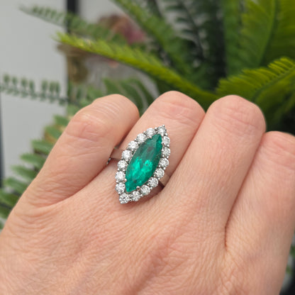Vintage 5ct Marquise Emerald and Diamond Navette Cluster Ring in Platinum