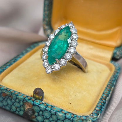 Vintage 5ct Marquise Emerald and Diamond Navette Cluster Ring in Platinum