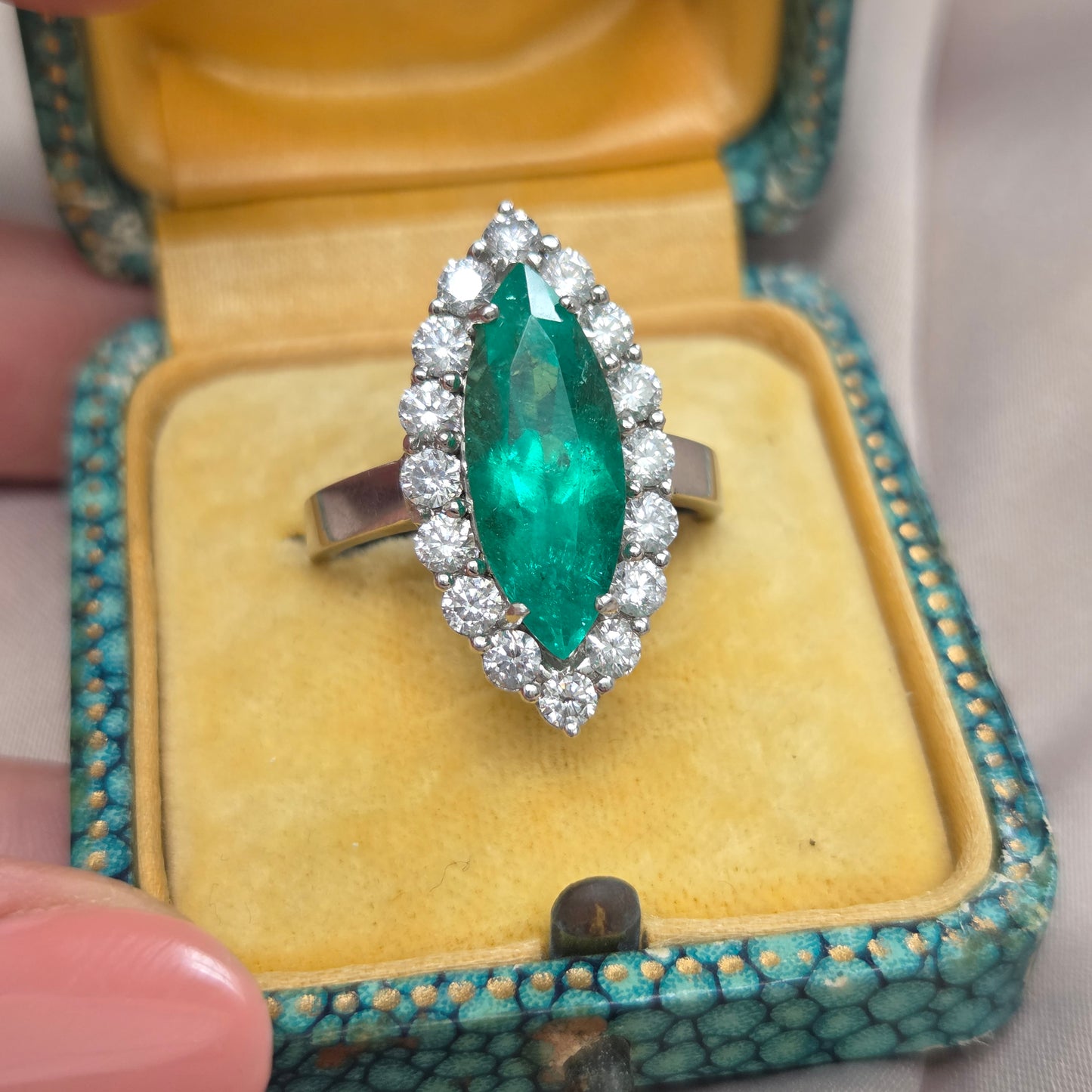 Vintage 5ct Marquise Emerald and Diamond Navette Cluster Ring in Platinum