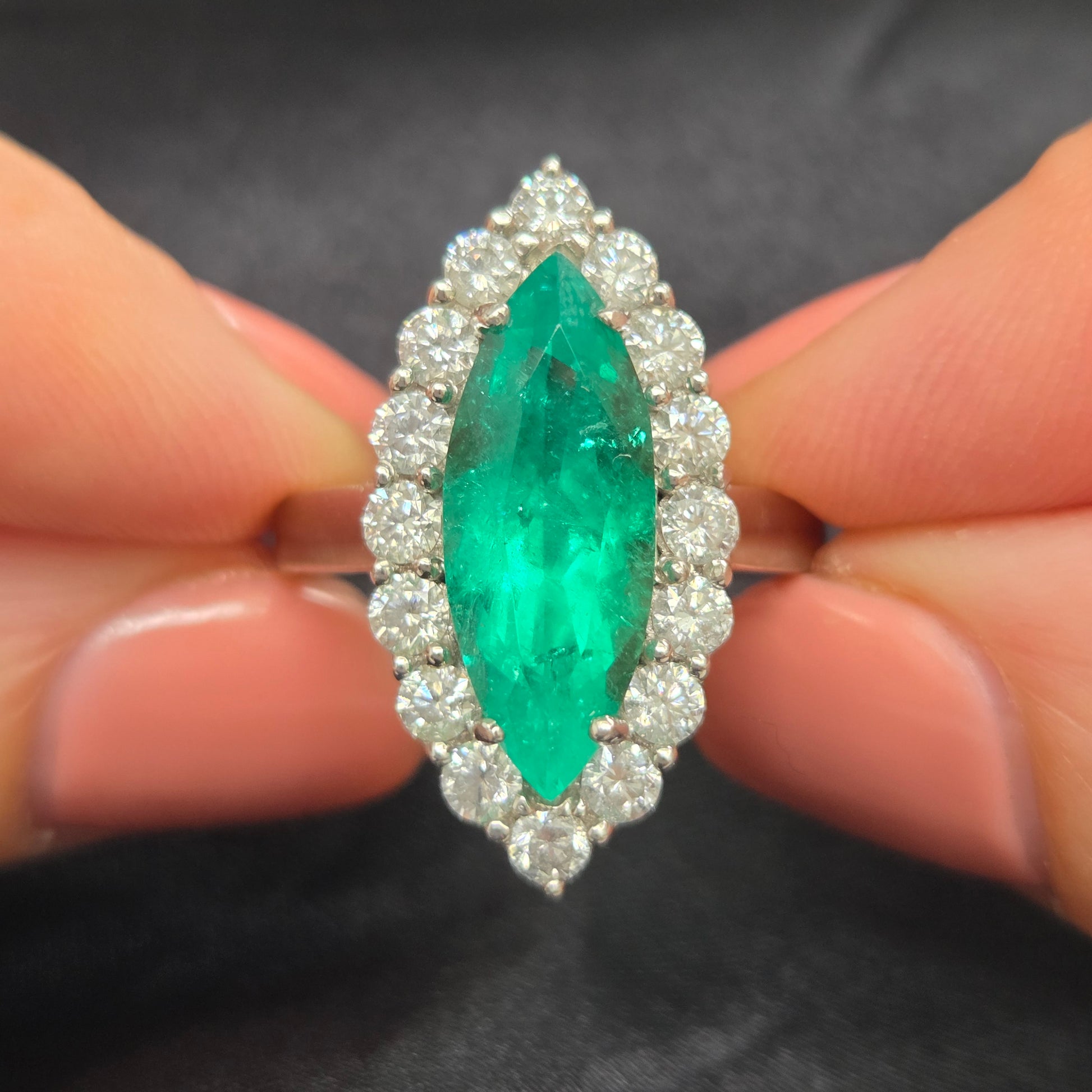 Vintage 5ct Marquise Emerald and Diamond Navette Cluster Ring in Platinum