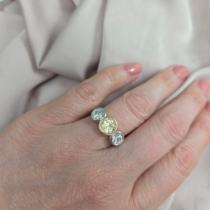 Edwardian Antique Yellow and White Diamond Three Stone Engagement Ring in 18ct Gold