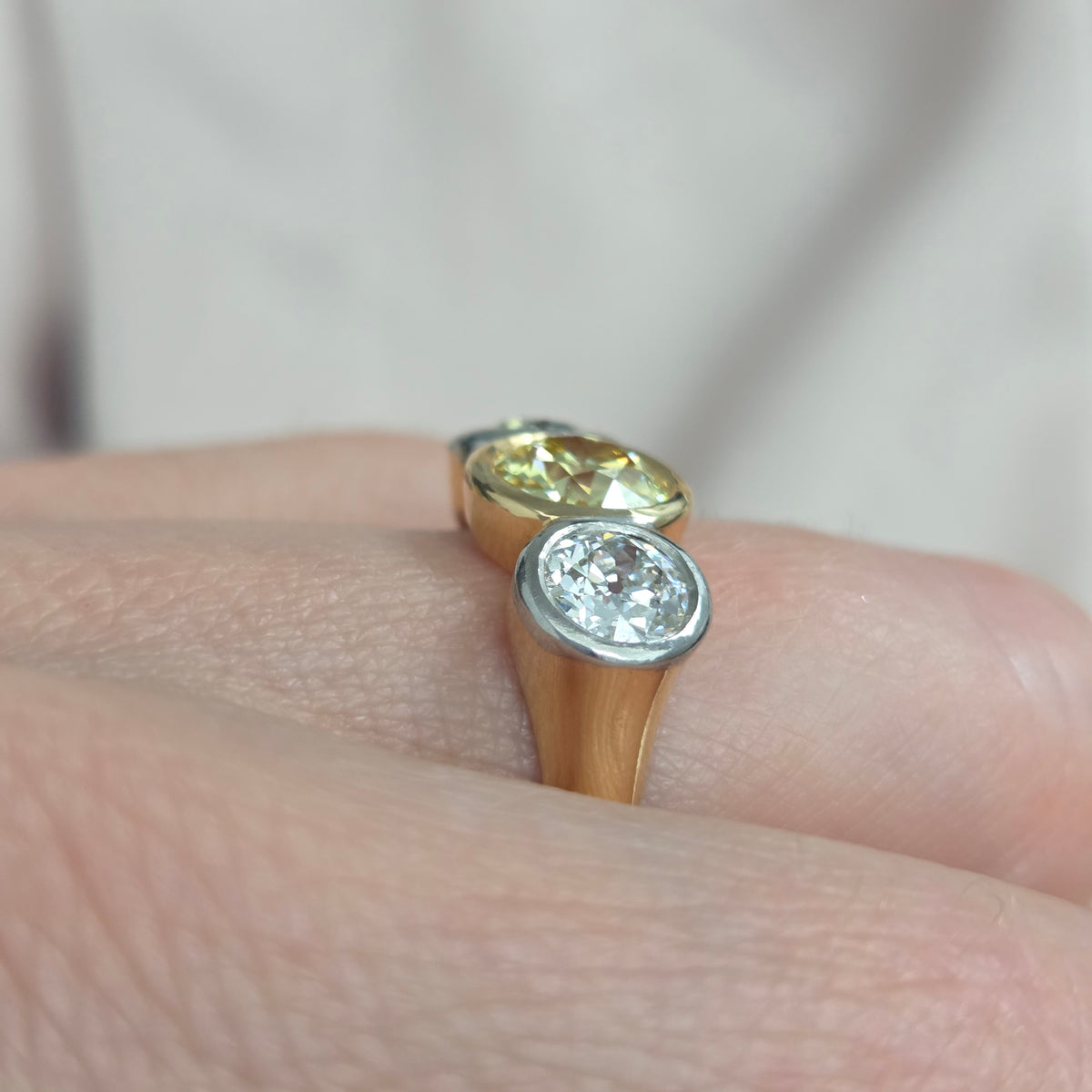 Edwardian Antique Yellow and White Diamond Three Stone Engagement Ring in 18ct Gold