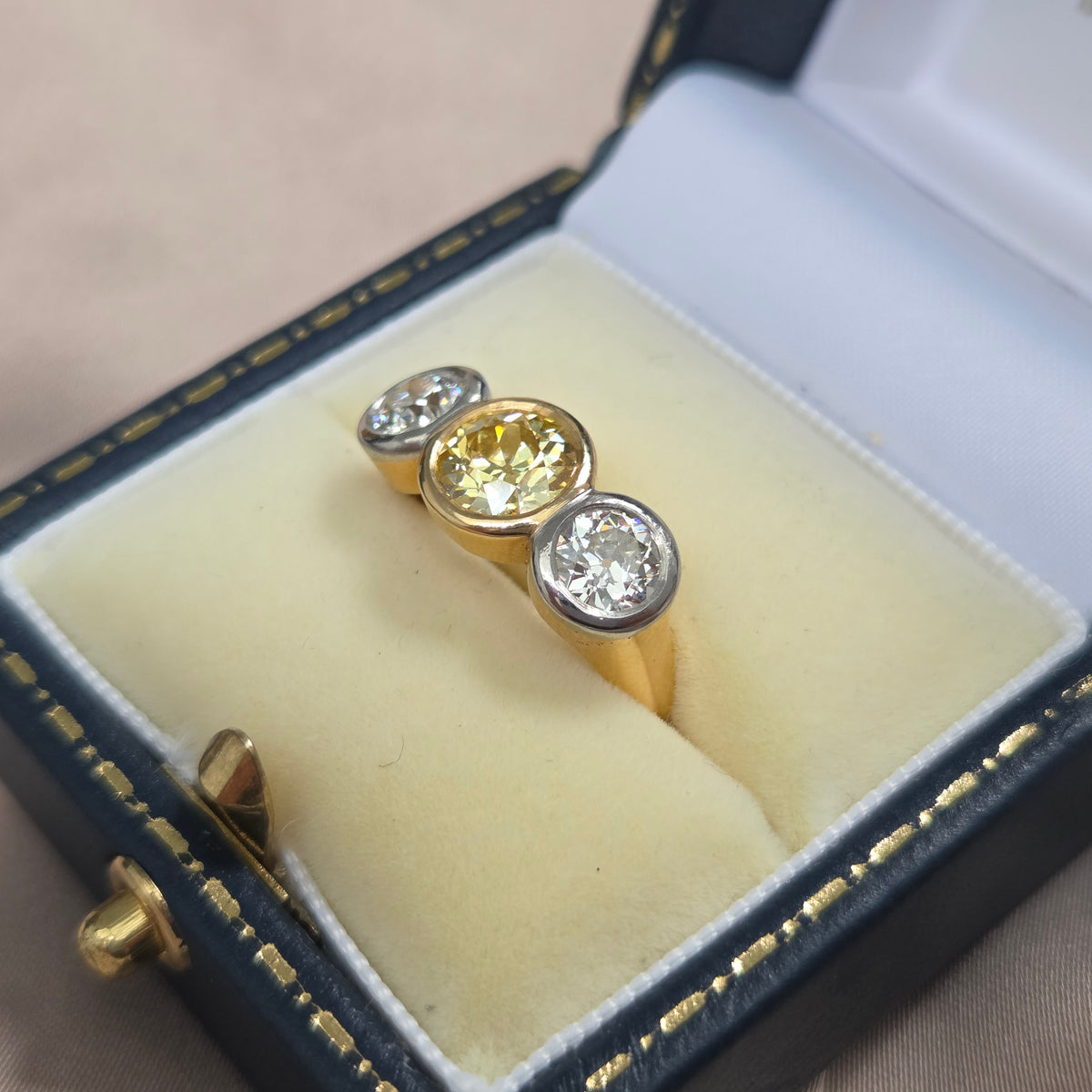 Edwardian Antique Yellow and White Diamond Three Stone Engagement Ring in 18ct Gold