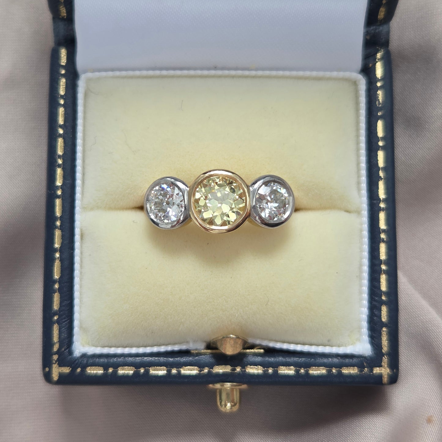 Edwardian Antique Yellow and White Diamond Three Stone Engagement Ring in 18ct Gold